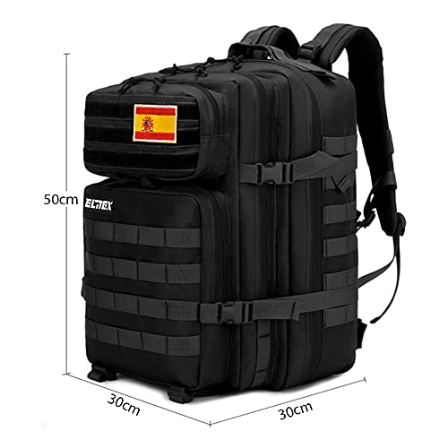 ELITEX Mochila 45L Táctica Militar Bandera España Impermeable Deportiva Caza Aire Libre Deportes Gimnasio Portatil Oxford 900D (Negro)