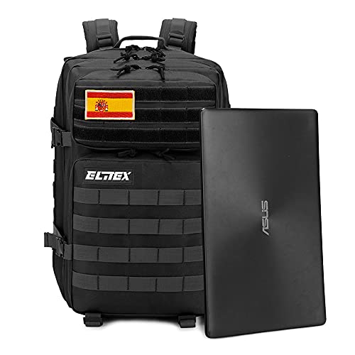 ELITEX Mochila 45L Táctica Militar Bandera España Impermeable Deportiva Caza Aire Libre Deportes Gimnasio Portatil Oxford 900D (Negro)