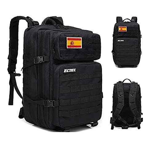 ELITEX Mochila 45L Táctica Militar Bandera España Impermeable Deportiva Caza Aire Libre Deportes Gimnasio Portatil Oxford 900D (Negro)