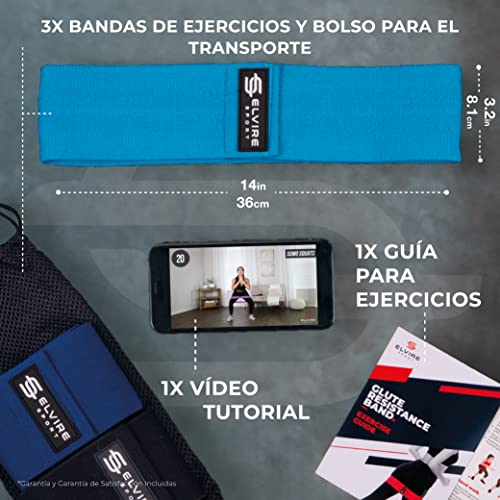 ELVIRE SPORT Bandas Elasticas Musculacion Mujer y Hombre (Set de 3) | Cintas Elasticas Fitness de Tela | Ligas para Ejercicios Gomas Yoga, Pilates, Crossfit, Sentadillas, Fisioterapia