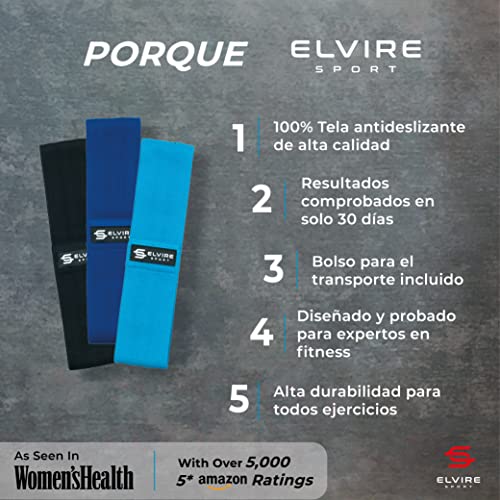 ELVIRE SPORT Bandas Elasticas Musculacion Mujer y Hombre (Set de 3) | Cintas Elasticas Fitness de Tela | Ligas para Ejercicios Gomas Yoga, Pilates, Crossfit, Sentadillas, Fisioterapia