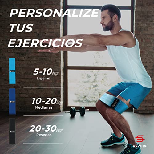 ELVIRE SPORT Bandas Elasticas Musculacion Mujer y Hombre (Set de 3) | Cintas Elasticas Fitness de Tela | Ligas para Ejercicios Gomas Yoga, Pilates, Crossfit, Sentadillas, Fisioterapia