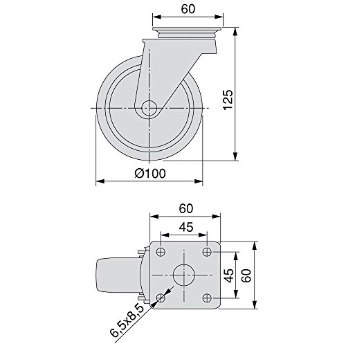 EMUCA - Lote de 4 Ruedas pivotantes para Mueble Ø100mm con Placa de Montaje y rodamiento de Bolas, Ruedas de Goma para Muebles Color Gris