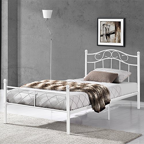 [en.casa] Cama de Metal 120x200 Blanca Estructura Base con somier