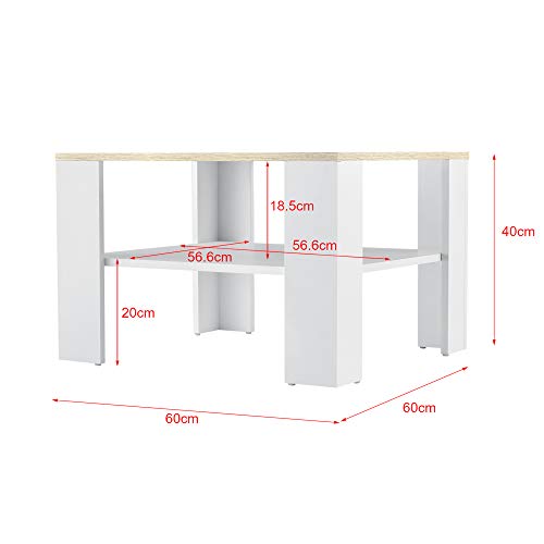 [en.casa] Mesa de Centro con Estante Inferior 60 x 60 x 40 cm Mesa de té Mesa Auxiliar Mesa de Salón Blanco y Efecto Roble