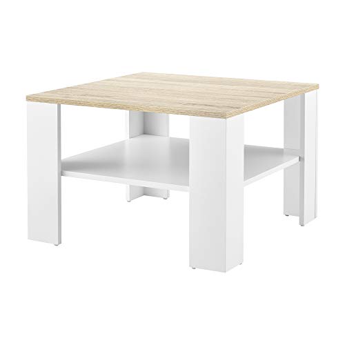 [en.casa] Mesa de Centro con Estante Inferior 60 x 60 x 40 cm Mesa de té Mesa Auxiliar Mesa de Salón Blanco y Efecto Roble