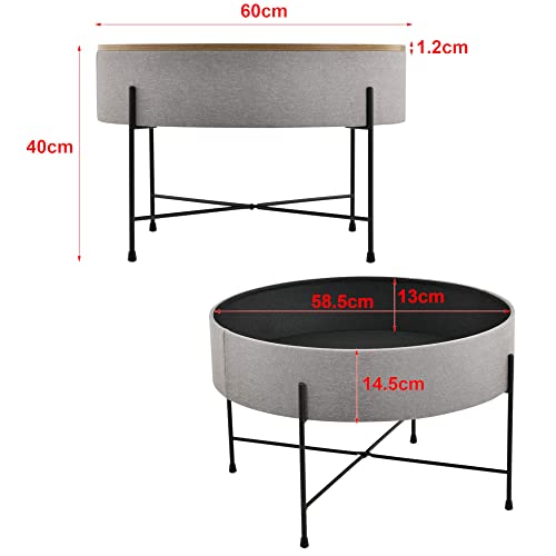 [en.casa] Mesa de Centro con Tablero extraíble 40 x 60 cm Mesa Auxiliar Redonda con Almacenamiento Interno Mesa pequeña Mesa de café y té Gris y Negro