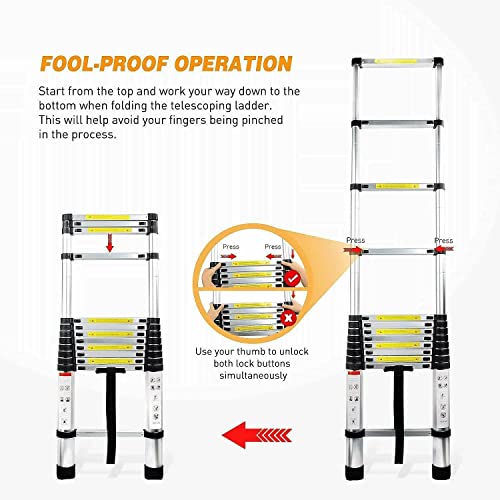 Escalera portátil Extensible telescópica de Aluminio Resistente de 10.5 pies con Mecanismo de Bloqueo, pies Antideslizantes, certificación EN131, Capacidad de 330 LB