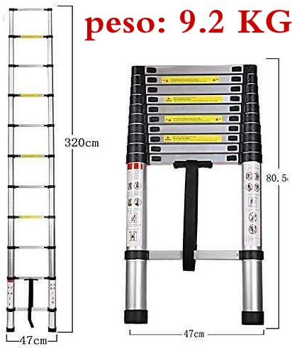 Escalera portátil Extensible telescópica de Aluminio Resistente de 10.5 pies con Mecanismo de Bloqueo, pies Antideslizantes, certificación EN131, Capacidad de 330 LB