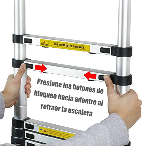 Escalera portátil Extensible telescópica de Aluminio Resistente de 10.5 pies con Mecanismo de Bloqueo, pies Antideslizantes, certificación EN131, Capacidad de 330 LB