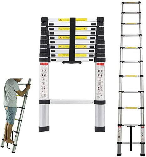 Escalera portátil Extensible telescópica de Aluminio Resistente de 10.5 pies con Mecanismo de Bloqueo, pies Antideslizantes, certificación EN131, Capacidad de 330 LB