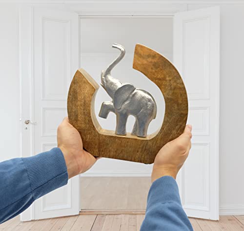 Escultura «Círculo de la vida» - Moderna figura deco de elefante hecha a mano de aluminio en madera de mango - elefante plateado de metal de 24 cm de altura - estatua ideal como regalo de navidad