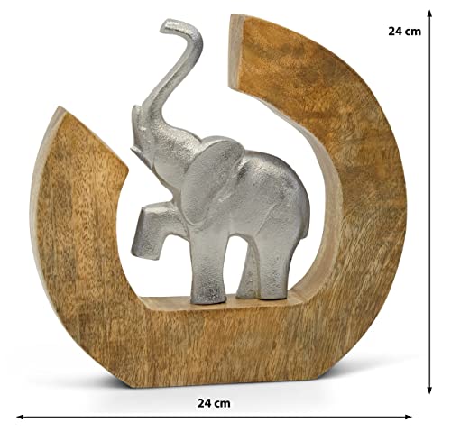 Escultura «Círculo de la vida» - Moderna figura deco de elefante hecha a mano de aluminio en madera de mango - elefante plateado de metal de 24 cm de altura - estatua ideal como regalo de navidad