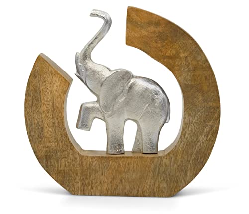 Escultura «Círculo de la vida» - Moderna figura deco de elefante hecha a mano de aluminio en madera de mango - elefante plateado de metal de 24 cm de altura - estatua ideal como regalo de navidad