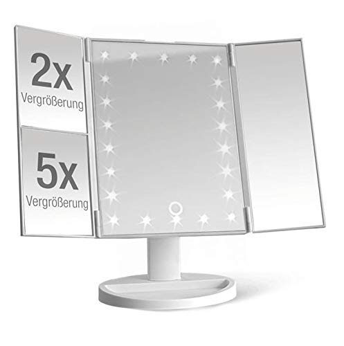 Espejo cosmético iluminado con 22 LED – Mesa espejo plegable con 2 y 5 aumentos – Espejo de maquillaje giratorio 180° – Funciona con pilas o cable USB