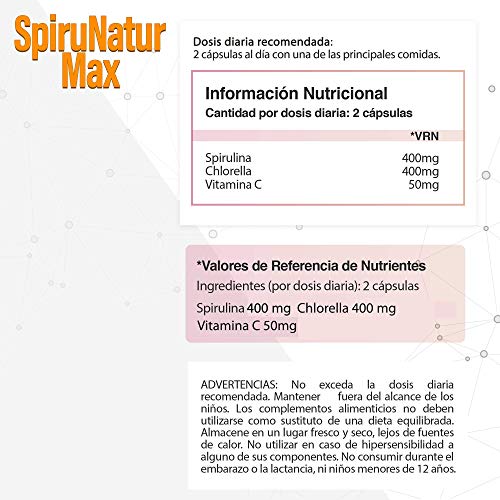 Espirulina Pura con Chlorella y Vitamina C | Espirulina con 99% de pureza | Fuente rica en Vitaminas esenciales, Proteínas, Minerales y Aminoácidos | 100 Cápsulas