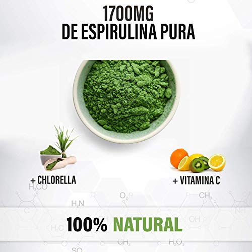 Espirulina Pura con Chlorella y Vitamina C | Espirulina con 99% de pureza | Fuente rica en Vitaminas esenciales, Proteínas, Minerales y Aminoácidos | 100 Cápsulas