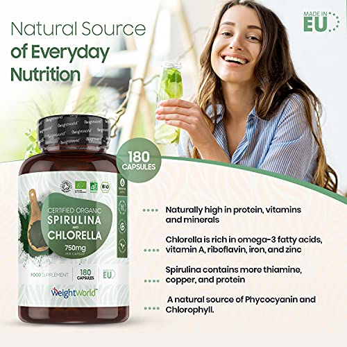 Espirulina y Chlorella Orgánica 180 Cápsulas Vegano - Suplemento Natural y Ecológico de Espirulina y Chlorella de 750mg por Cápsula, Superalimento Potente Fuente de Proteínas Minerales Vitaminas