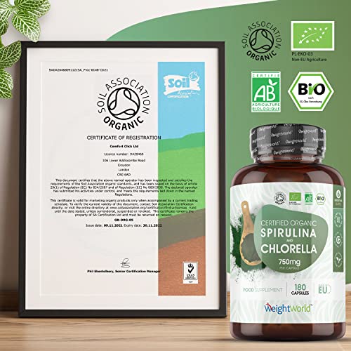 Espirulina y Chlorella Orgánica 180 Cápsulas Vegano - Suplemento Natural y Ecológico de Espirulina y Chlorella de 750mg por Cápsula, Superalimento Potente Fuente de Proteínas Minerales Vitaminas