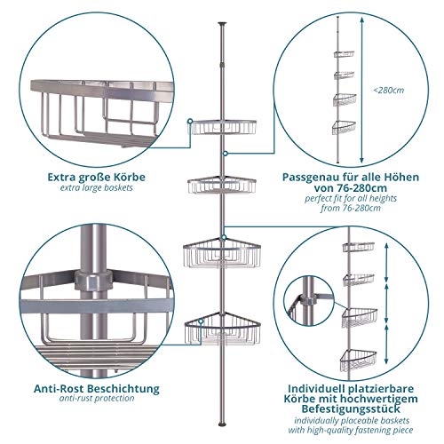 Estante de Ducha telescópica sin Necesidad de taladrar - 4 cestas - tamaño Ajustable de 76 a 280 cm - Apariencia cromada - Extra:¡2 Ganchos autoadhesivos!