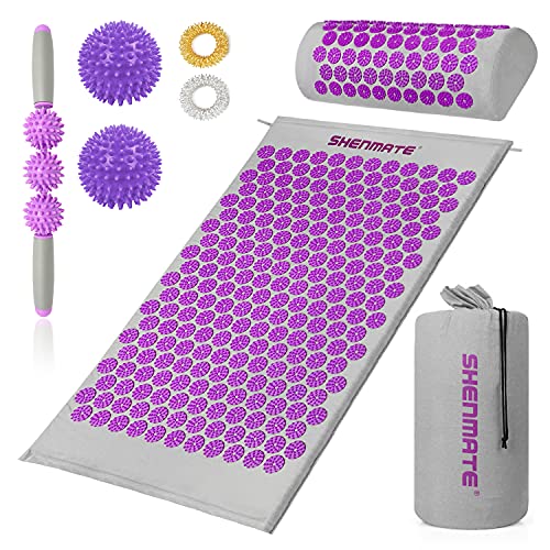 Esterilla Acupresión Kit con Almohada Acupresion, Esterilla Masaje para Alivio del Dolor Muscular del Espalda/Cuello/Pies, Alfombrilla Acupresion con Rodillo Masaje + 2 Anillo + Bolsa, 68 x 42CM