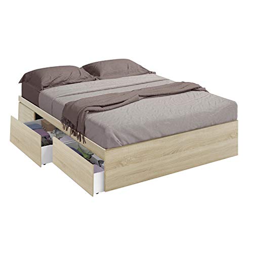 Estructura Cama con 4 Cajones, Cama Doble, Modelo Kendra, Acabado en Color Roble Canadian, Medidas: 156 cm (Ancho) x 196 cm (Fondo) x 37 cm (Alto)