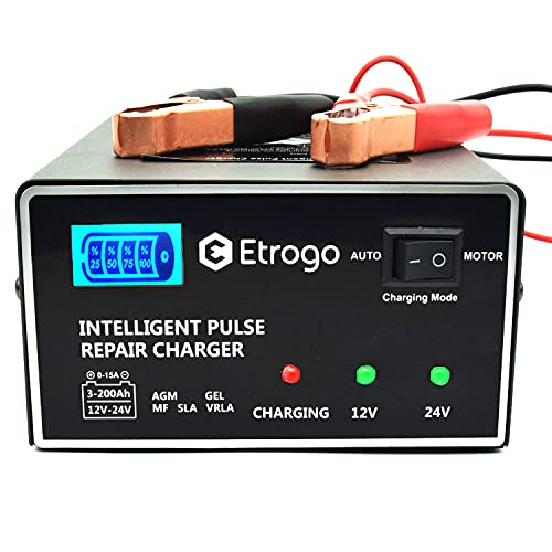 Etrogo Cargador Bateria de Coche 12V/24V 10A Cargador de Batería de Plomo Rapido de Pulso con Pantalla LED a Barra-Gris