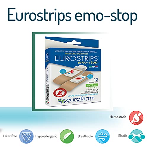 Eurostrips Emo Stop (mm 31 x mm 72) Apósitos de Presión Hemostática, con Compresa Central Compuesta de Fibras Súper Absorbentes,Ayuda a Detener el Sangrado Rapidamente 12 Unidades