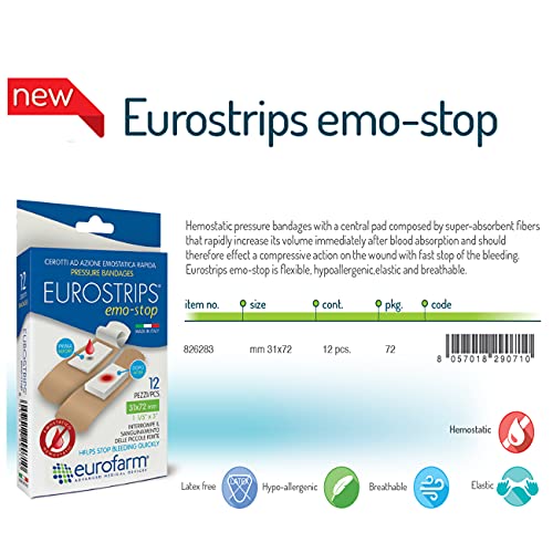 Eurostrips Emo Stop (mm 31 x mm 72) Apósitos de Presión Hemostática, con Compresa Central Compuesta de Fibras Súper Absorbentes,Ayuda a Detener el Sangrado Rapidamente 12 Unidades