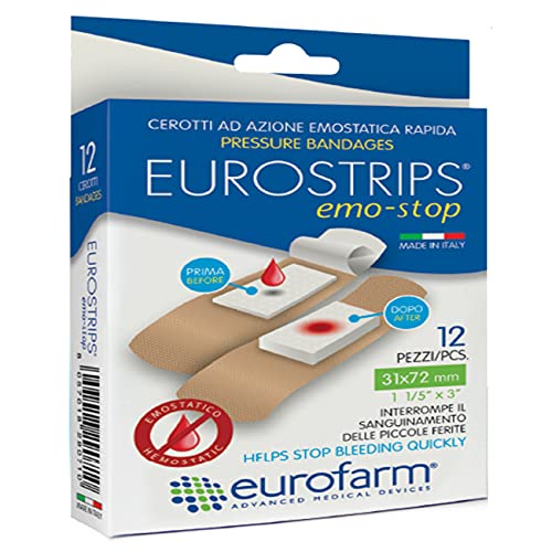 Eurostrips Emo Stop (mm 31 x mm 72) Apósitos de Presión Hemostática, con Compresa Central Compuesta de Fibras Súper Absorbentes,Ayuda a Detener el Sangrado Rapidamente 12 Unidades