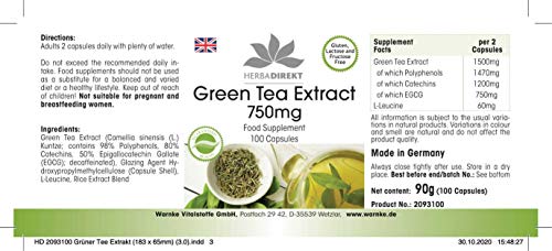 Extracto de Té verde 750mg - Altamente dosificado - Vegano - 50% EGCG - 100 cápsulas