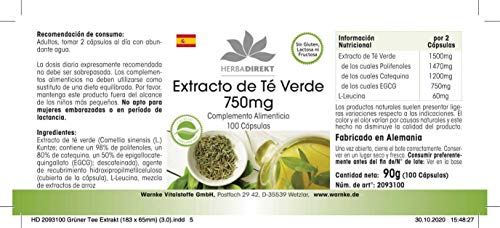 Extracto de Té verde 750mg - Altamente dosificado - Vegano - 50% EGCG - 100 cápsulas