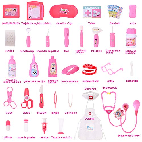 Faburo 49 Piezas Maletín de Médico de Juguete para Niños y Niñas, Juego de rol Médico Dentista Enfermera Kit Clínica Dental Juego Fingir Juego Herramientas Juguete Set Regalos para Niños (Rosa)