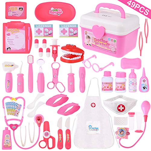 Faburo 49 Piezas Maletín de Médico de Juguete para Niños y Niñas, Juego de rol Médico Dentista Enfermera Kit Clínica Dental Juego Fingir Juego Herramientas Juguete Set Regalos para Niños (Rosa)