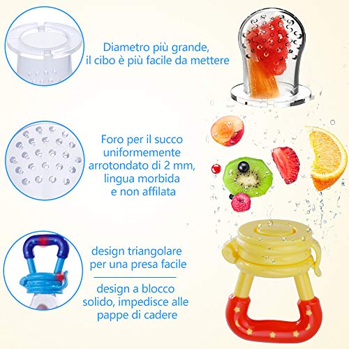 Faburo Chupete para fruta, chupete con clip, cucharas para la alimentación del niño, cepillo de dedo, sustitución de bolsas de silicona para niño (12 unidades)