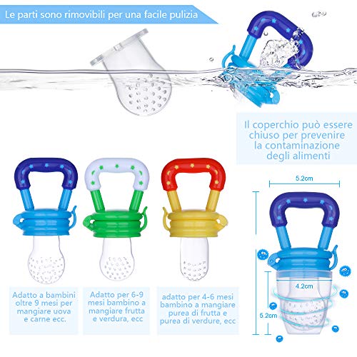 Faburo Chupete para fruta, chupete con clip, cucharas para la alimentación del niño, cepillo de dedo, sustitución de bolsas de silicona para niño (12 unidades)