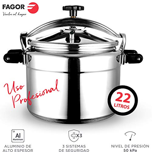 FAGOR CHEF EXTREMEN Olla a presión rápida. Fondo termo difusor, 3 sistemas seguridad, aluminio extra grueso, asas ergonómicas, uso profesional, junta de seguridad de silicona médica mayor duración 22L