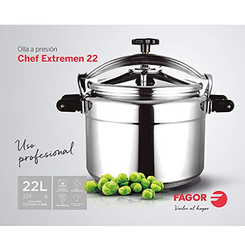 FAGOR CHEF EXTREMEN Olla a presión rápida. Fondo termo difusor, 3 sistemas seguridad, aluminio extra grueso, asas ergonómicas, uso profesional, junta de seguridad de silicona médica mayor duración 22L