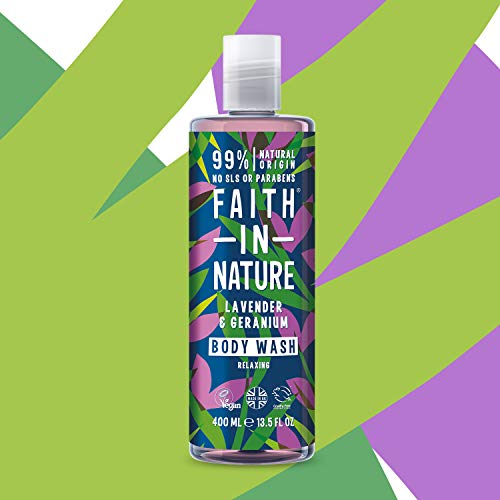 Faith in Nature Gel de Baño Natural de Lavanda y Geranio, Nutritivo, Vegano y No Testado en Animales, sin Parabenos ni SLS, 400 ml