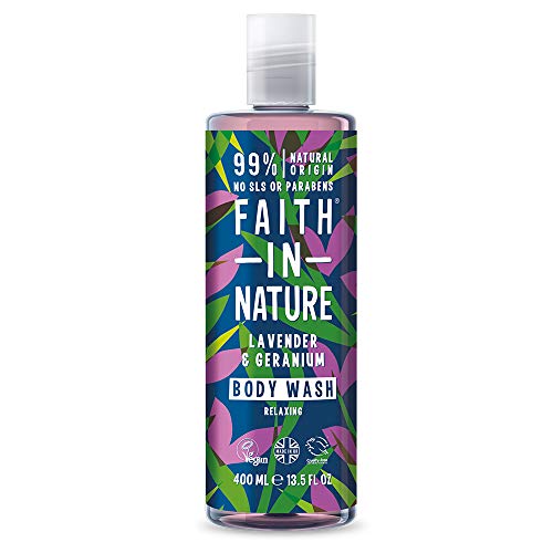 Faith in Nature Gel de Baño Natural de Lavanda y Geranio, Nutritivo, Vegano y No Testado en Animales, sin Parabenos ni SLS, 400 ml