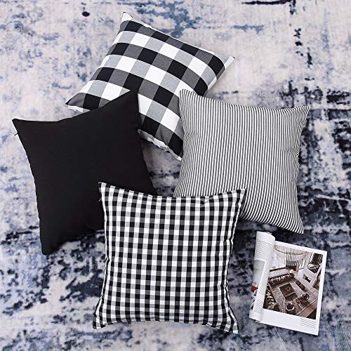 Fasyou Set di 4 federe Decorative per cuscino a Quadri in Cotone a Righe in Tinta Unita, per divano e Camera da letto, 45 x 45 cm, Colore: Nero e Bianco