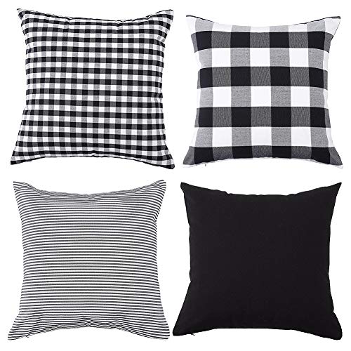 Fasyou Set di 4 federe Decorative per cuscino a Quadri in Cotone a Righe in Tinta Unita, per divano e Camera da letto, 45 x 45 cm, Colore: Nero e Bianco