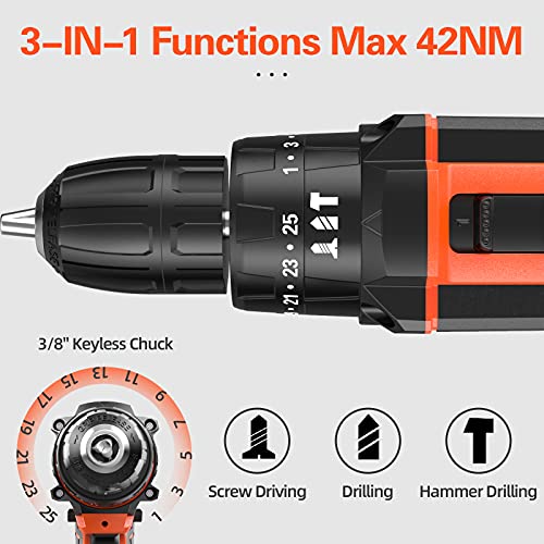 Faxamol Taladro Atornillador 21V, Taladro Percutor a Batería 120PCS con 2 x 2.0Ah Baterías Litio, 42Nm Máx, 25+3 Ajuste de Par, 2 Velocidad, LED Luz Para Hogar, Bricolaje