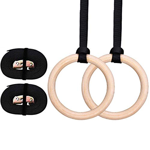 FBSPORT Anillos de Gimnasia Madera 28/32mm, Aros para Hacer Ejercicio con Fitness Crossfit Hebillas Ajustables para Entrenamiento