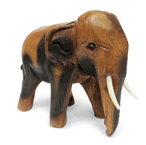 Figura de elefante caminando de madera tallada, madera, marrón, Medium 15cm