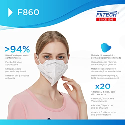 Filtech Mascarilla FFP2 | F860 | 20 uds | Certificado Europeo | CE | Homologada | 5 Capas | >95% Filtración | F860 Desechables