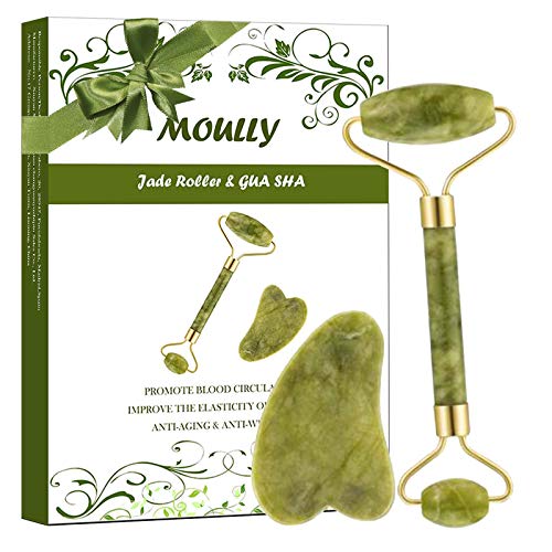 FINEVERNEK Rodillo De Jade, Facial Masaje Piedra Gua Sha Jade,Jade Roller Facial, Masajeador Roller Tools Anti Aging, Jade Roller Facial, Gua Sha para Cara, Cuerpo, Ojos, Cuello (2pcs)