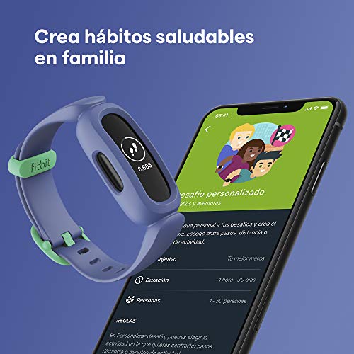 Fitbit Ace 3 pulsera de actividad para niños de +6 años con divertidos formatos de reloj animados, Resistente al agua hasta 50 m y hasta 8 días de batería, Azul cósmico/Verde astral