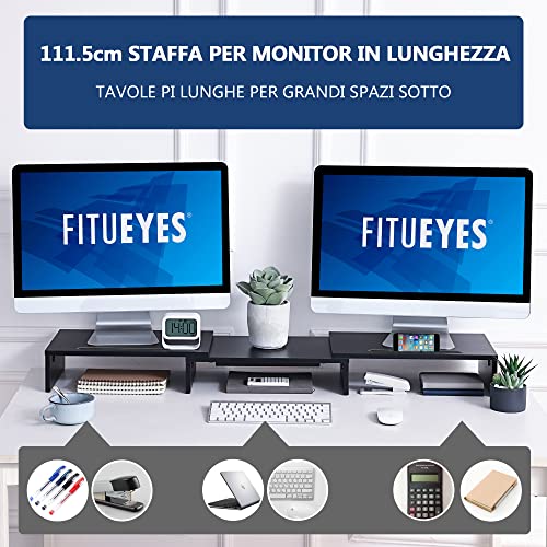 FITUEYES Soporte Monitor Elevador Monitor de Madera con 2 Soporte para Teléfono, Longitud y Ángulos Ajustables para 2 Monitores (Negro) DT111101WB