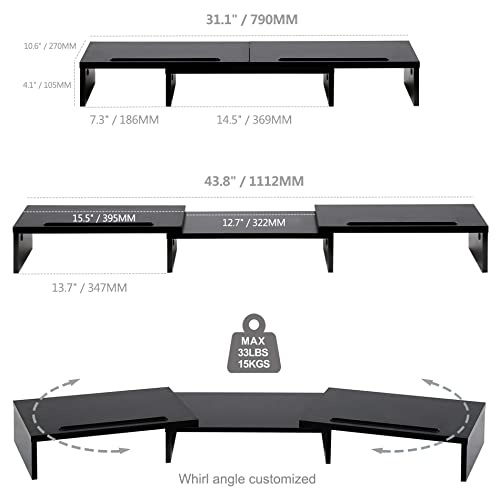 FITUEYES Soporte Monitor Elevador Monitor de Madera con 2 Soporte para Teléfono, Longitud y Ángulos Ajustables para 2 Monitores (Negro) DT111101WB